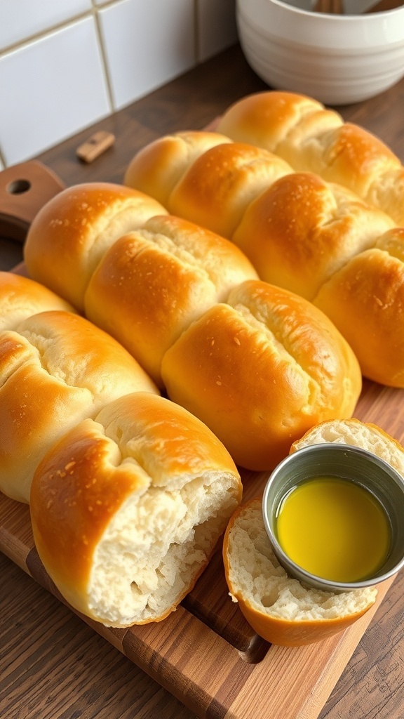Golden brown hoagie rolls on a wooden board, some cut in half, with a bowl of olive oil.